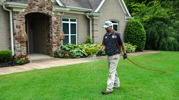 Evergreen Turf Care technician applying a lawn treatment to a residential lawn.