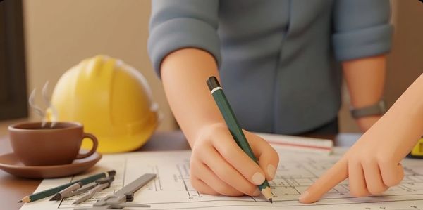 Architect hands drawing a blueprint with a yellow hard hat and coffee nearby.