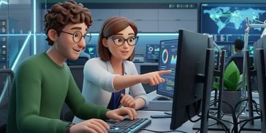Two colleagues collaborating on data analysis at a computer workstation.