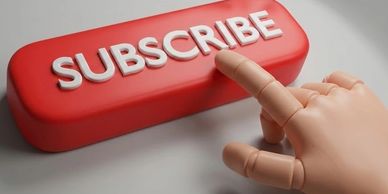 A hand pressing a large red subscribe button.