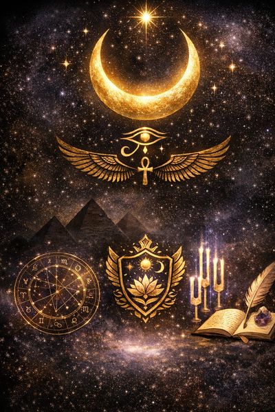 Golden mystical symbols and pyramids set against a starry cosmic background.