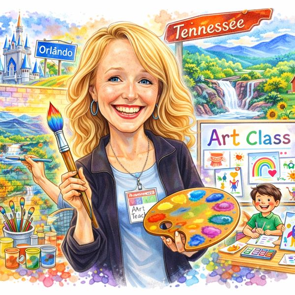 Cheerful art teacher with a colorful palette and brush in a vibrant classroom setting.
