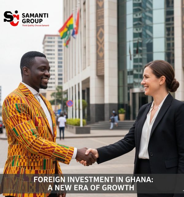Two professionals shaking hands in front of a modern building in Ghana.