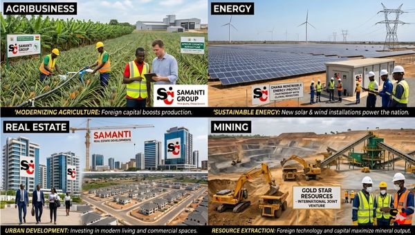 Collage showing agriculture, renewable energy, real estate, and mining industries with workers and technology.