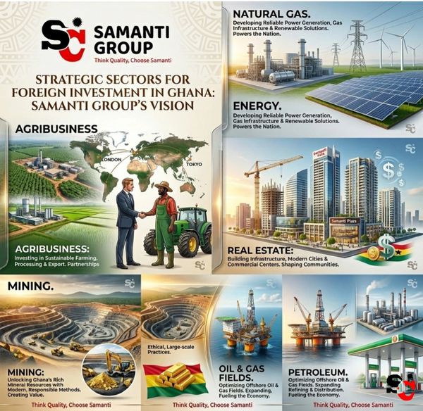 Samanti Group's vision for strategic foreign investments in Ghana across key sectors like agribusiness, energy, real estate, mining, and petroleum.
