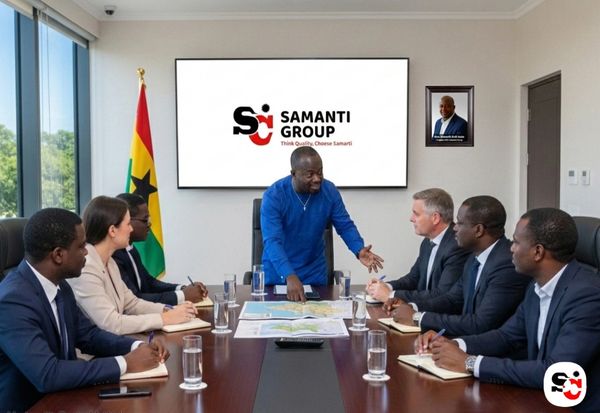 Business meeting at Samanti Group office with professionals discussing plans.