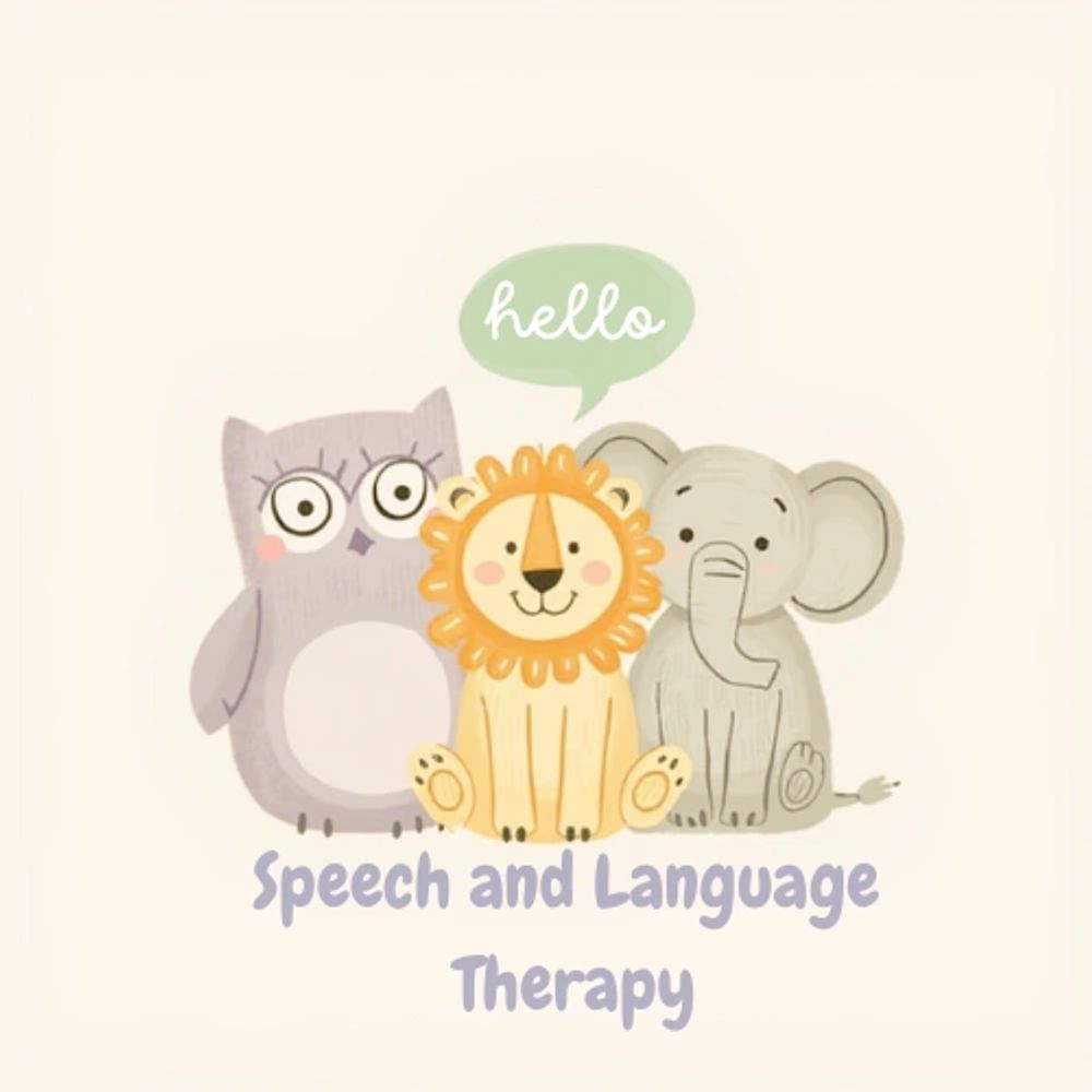 Cute cartoon animals with a speech bubble saying hello, promoting speech and language therapy.