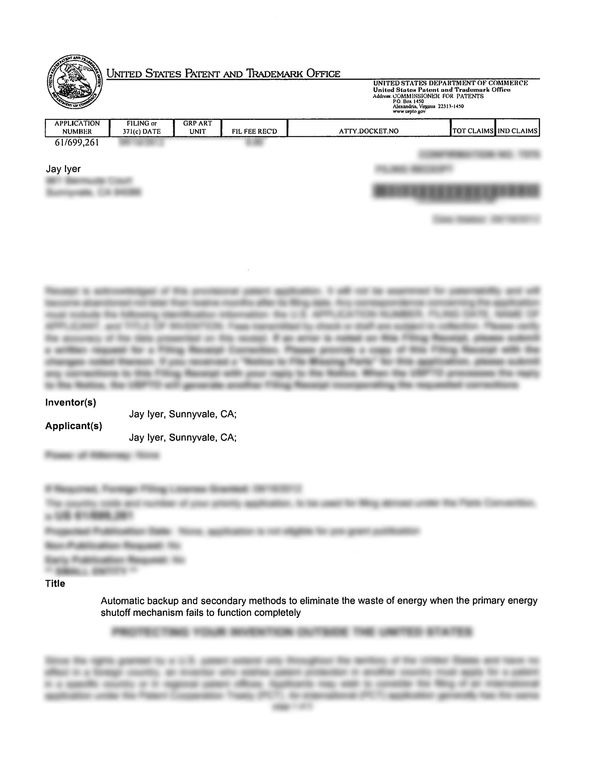 Jay Iyer patent: "Automatic backup and secondary methods to eliminate the waste of energy"