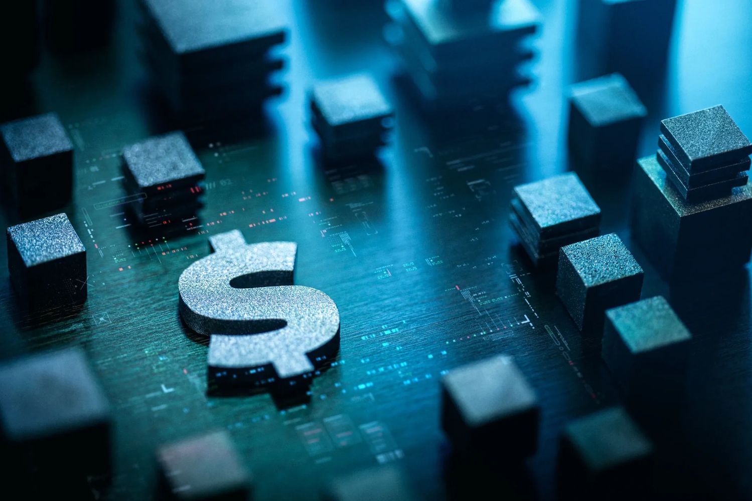 Metallic dollar symbol surrounded by stacked cubes on a digital surface.