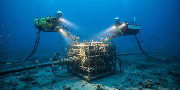 Two underwater remotely operated vehicles inspecting a subsea structure on the ocean floor.