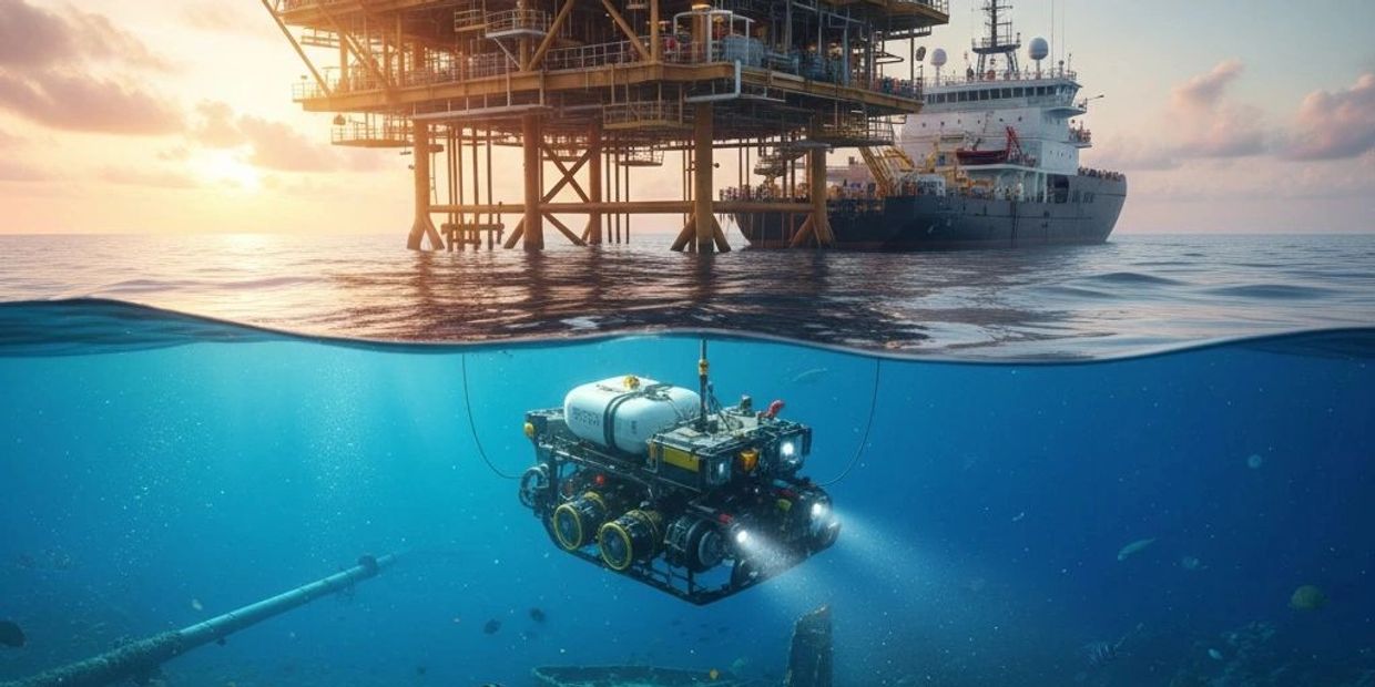 Underwater drone inspects ocean floor near oil platform at sunset.