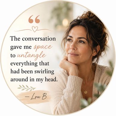 Woman reflecting with a thoughtful quote about clarity from conversation.