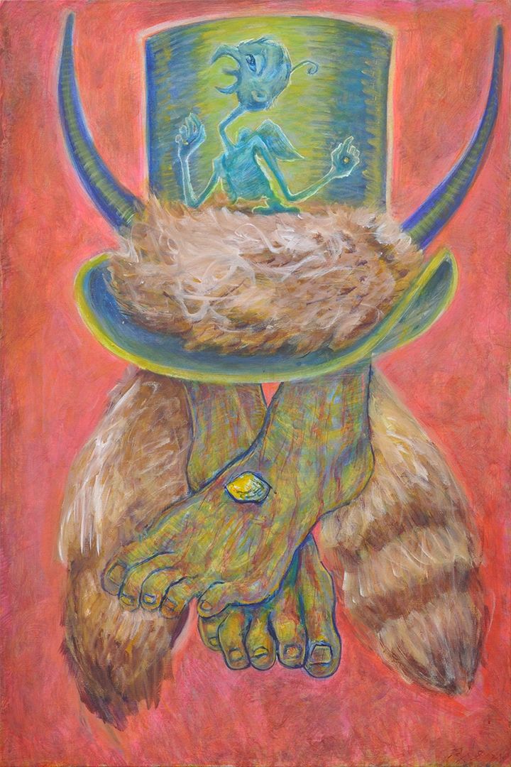 Mash-up painting of top hat, horned fur hat, nailed feet, and pontificating martyr-bird-human

