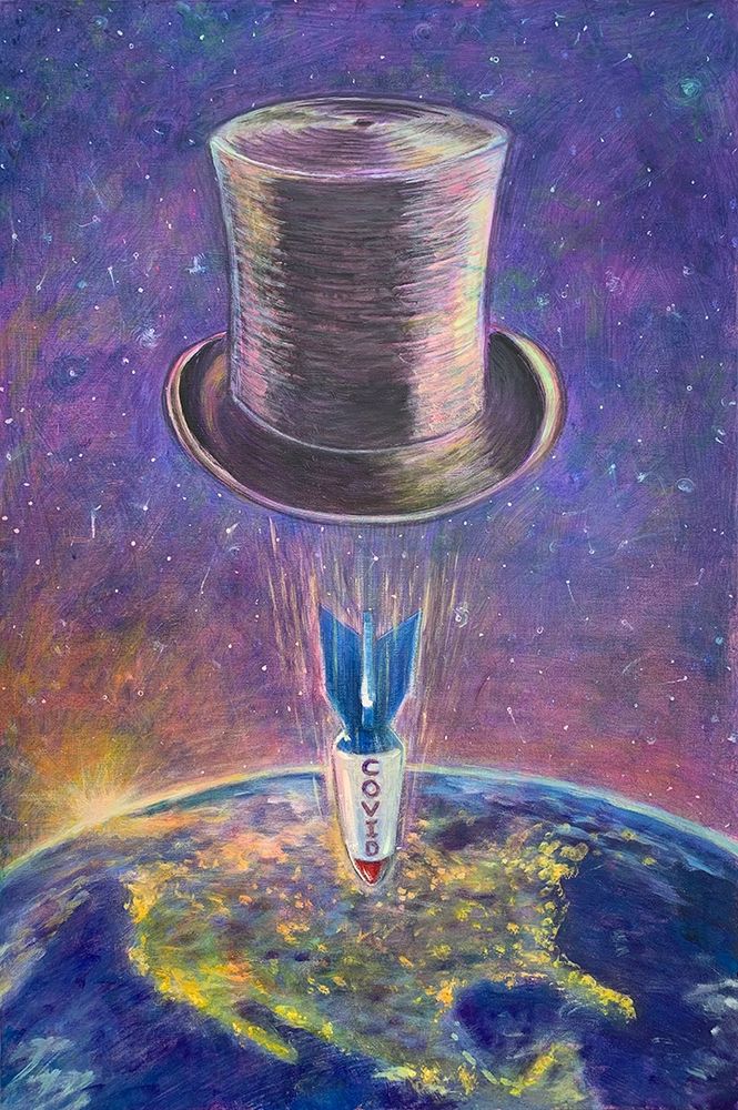 Painting with top hat in outer space dropping COVID bomb on the United States of America