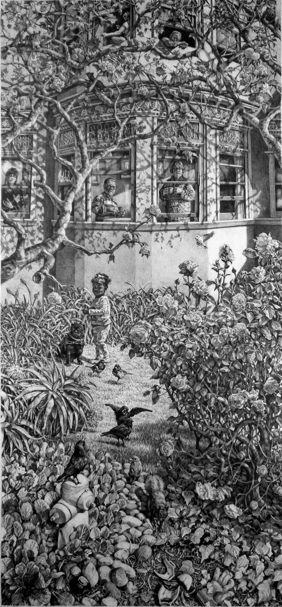 Vertical view of two-story house with people in windows, young black girl and small black dog in fro