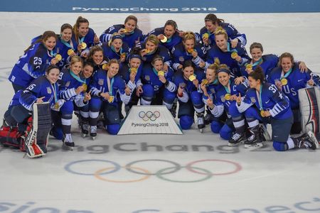 US. Women's hockey team celebrates winning their gold medal at the 2018 Winter Olympics in PyeongChang, South Korea.