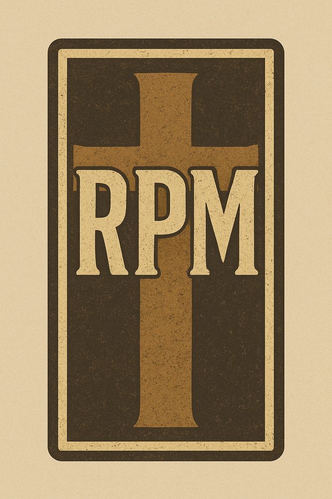 Vintage image with cross in the background with the letters RPM in the front