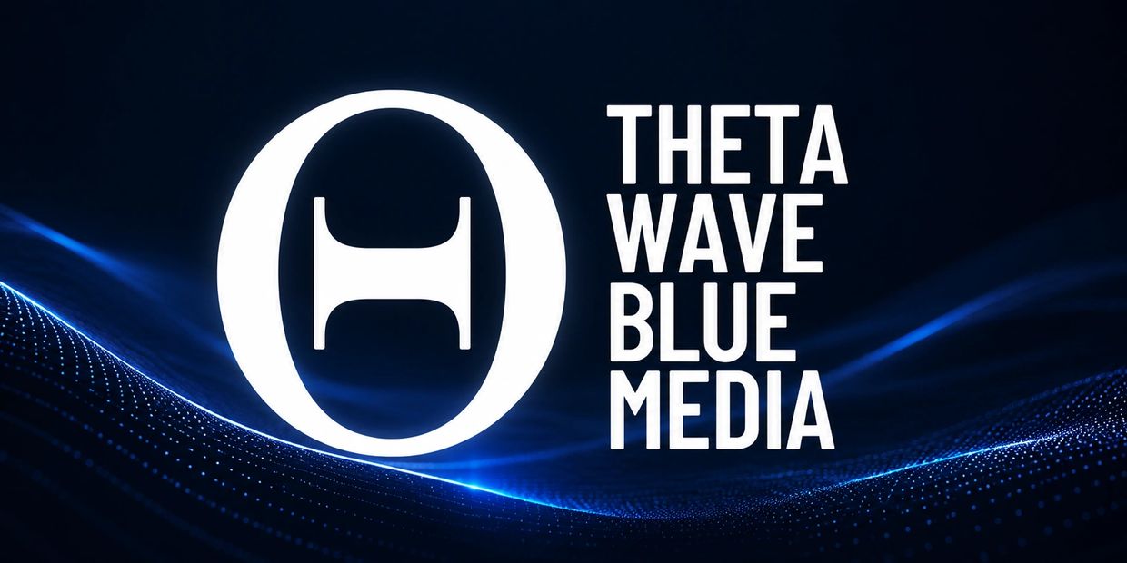 Theta Wave Blue Media logo with a glowing blue wave background.
