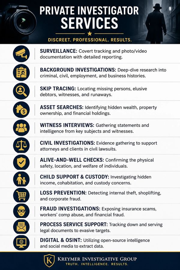List of private investigator services offered.