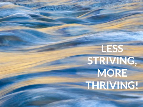 Abstract ocean waves featuring the Tranquility Wellbeing tagline: Less Striving, More Thriving!