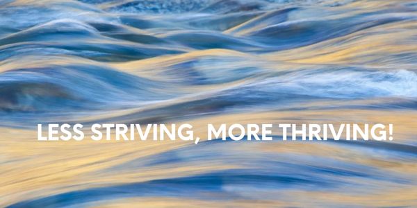 Abstract ocean waves featuring the Tranquility Wellbeing tagline: Less Striving, More Thriving!