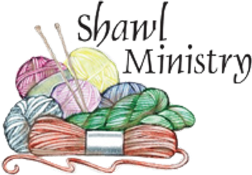 Logo for Shawl Ministry with yarn and knitting needles.