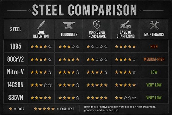 Comparison chart of five steels showing ratings for edge retention, toughness, corrosion resistance, ease of sharpening, and maintenance.