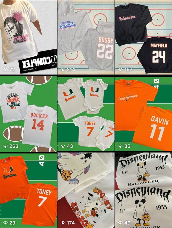 A collection of sports jerseys and shirts are displayed.