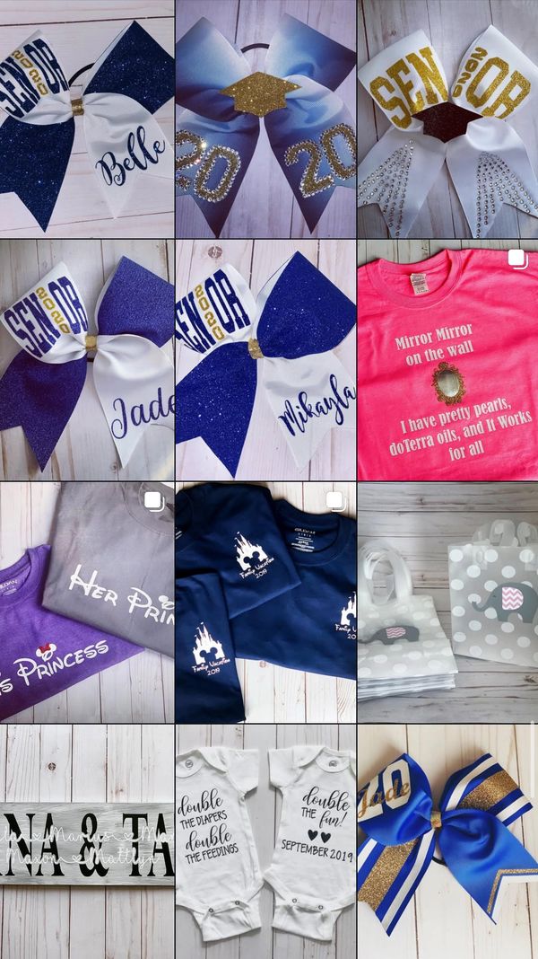 A collage of different types of cheer bows and shirts.