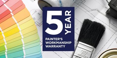 A 5-year painter workmanship warranty with color swatches and paintbrush.