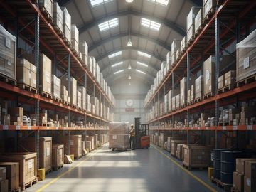 Forklift operating in a large warehouse aisle.