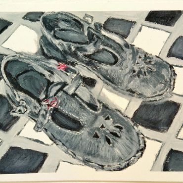 Tshepiso Sehudugeng, Steps of becoming (2025). Shoe polish on cotton paper, 260 ×380 mm.