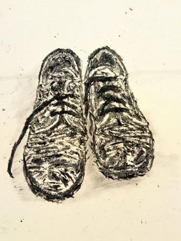 Tshepiso Sehudugeng, Steps of becoming (2025). Shoe polish on cotton paper, 130mm ×190 mm.