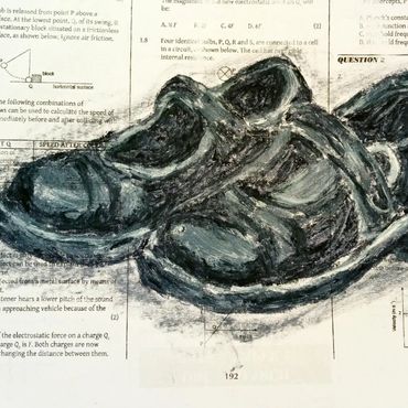 Tshepiso Sehudugeng, Steps of becoming (2025). Shoe polish on past exam paper, 210×297 mm.
