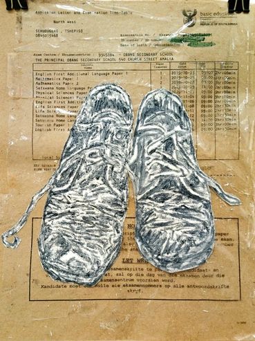 Steps of becoming (2025). Shoe polish on paper, transferred exam timetable on sellotape, and brown p