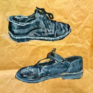 Tshepiso Sehudugeng, Steps of becoming (2025). Shoe polish on brown package paper, 38,5 ×37,7 cm.