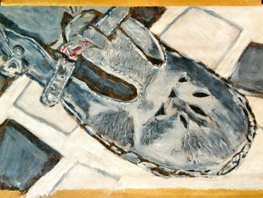 Tshepiso Sehudugeng, Steps of becoming III (2025). Shoe polish on brown Kraft paper.