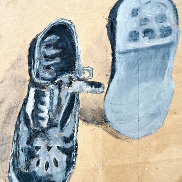Tshepiso Sehudugeng, Steps of becoming (2025). Shoe polish on brown package paper, 38,5 ×37,7 cm.