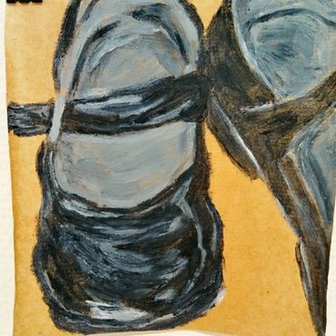Tshepiso Sehudugeng, Steps of becoming (2025). Shoe polish on brown Kraft paper.