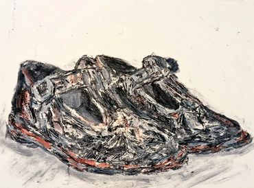 Tshepiso Sehudugeng, Steps of becoming (2025). Shoe polish on cotton paper, 130mm ×190 mm.