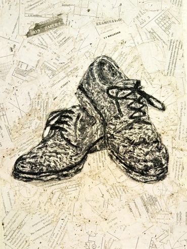 Tshepiso Sehudugeng, Steps of becoming (2025). Shoe polish on past exam paper collage, 260 ×380 mm.