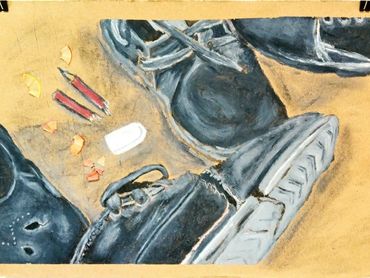 Tshepiso Sehudugeng, Steps of becoming I (2025). Shoe polish and pencil crumbs on brown Kraft paper.