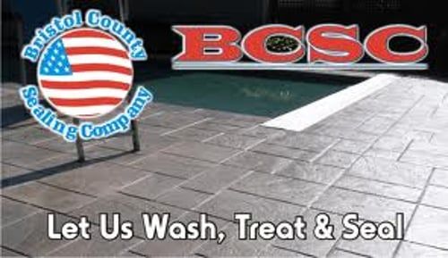 Stamped concrete pool patio sealing  photo and logo