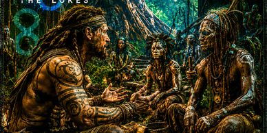 Tattooed tribal warriors in an intense forest meeting.