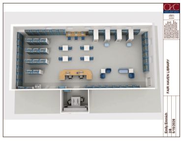 Top-down view of a library layout with seating and bookshelves.