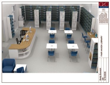 Modern library study area with tables and computer stations.