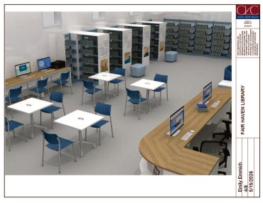 Modern library interior with tables, chairs, and computer stations.