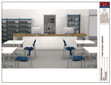 Modern library interior with desks, chairs, and computer stations.