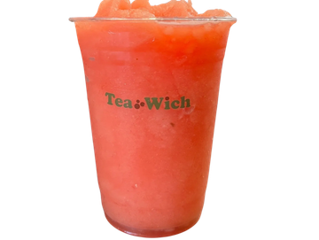 Bright red slushy drink in a clear cup from Tea Wich.