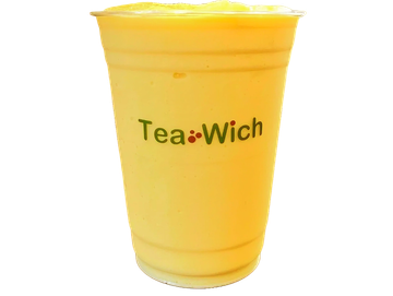 A yellow mango smoothie in a plastic cup with Tea Wich logo.